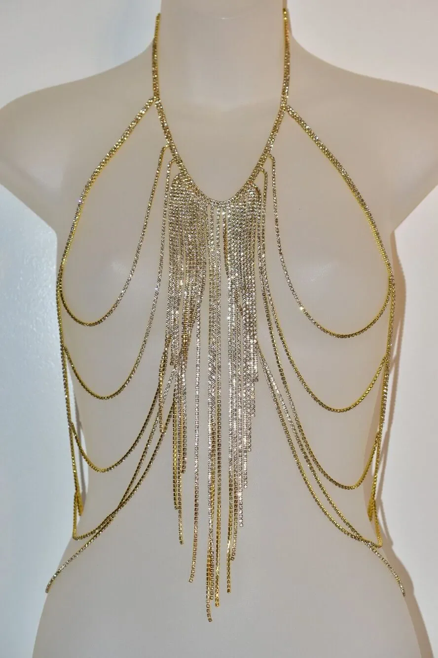 Vintage Body Necklace Top Wrap Rhinestone Crystal Gold Tone Fringe Chain Belt
